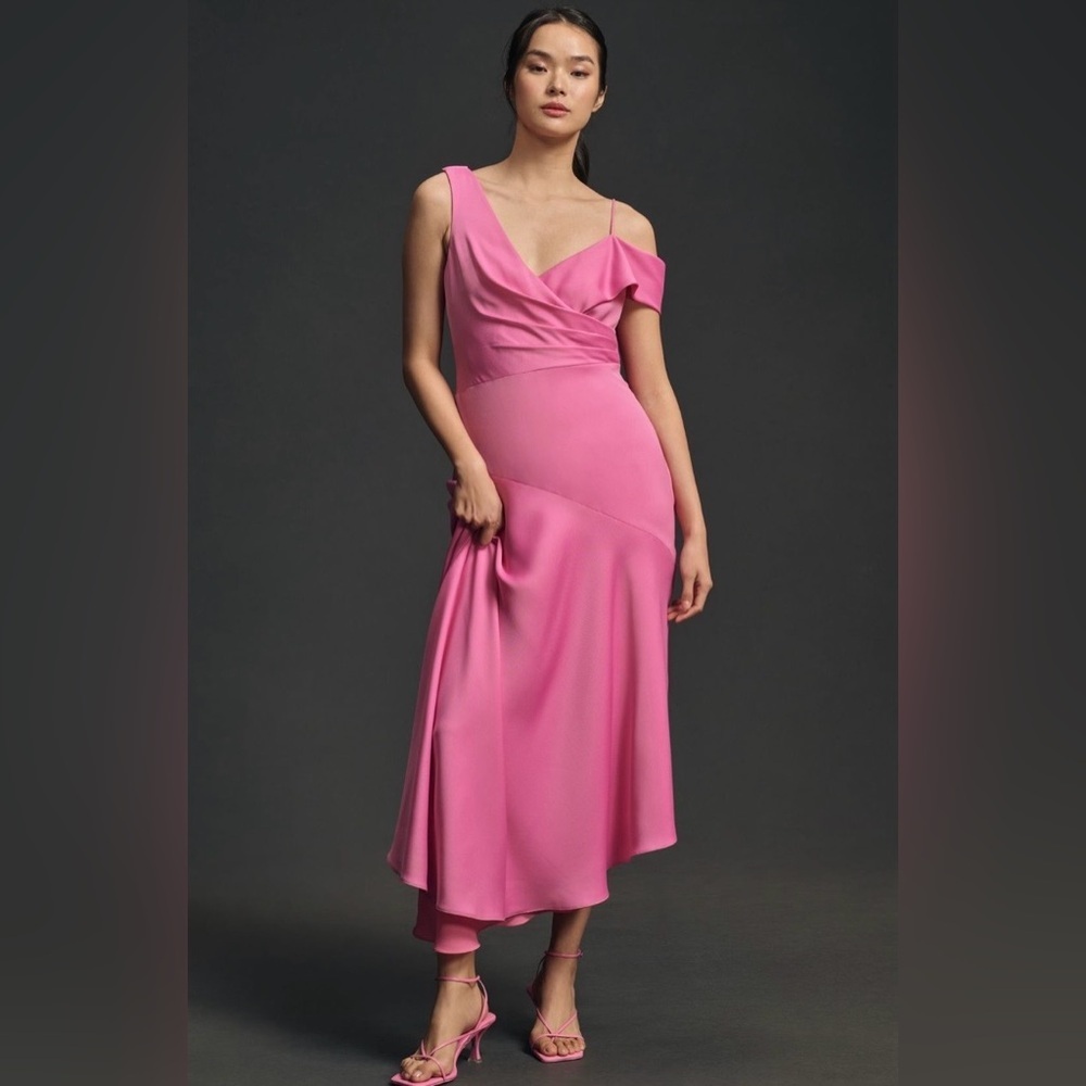 Anthropologie x Monique Lhuiller Asymmetrical Satin Midi Dress Size 4 NWT